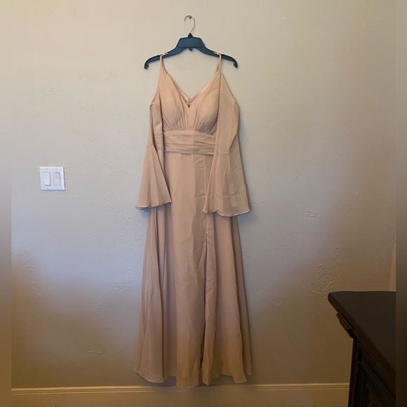 V Neck Bridesmaid Dress A Line Slit Evening Party Flowy Sleeve Dress - Picture 2 of 4